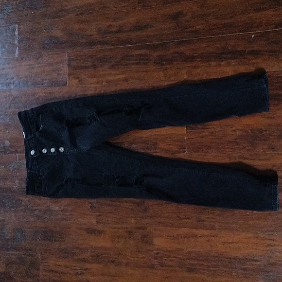 Trendy Stretch Skinny High Waisted Black Distressed Jeans Juniors Size 3 - Picture 1 of 6